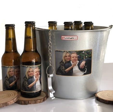 Conjunto de 6 cervezas personalizadas con cubo enfriador y abrebotellas, adornadas con foto para regalos, eventos y celebraciones. Producto exclusivo, Uvimark.