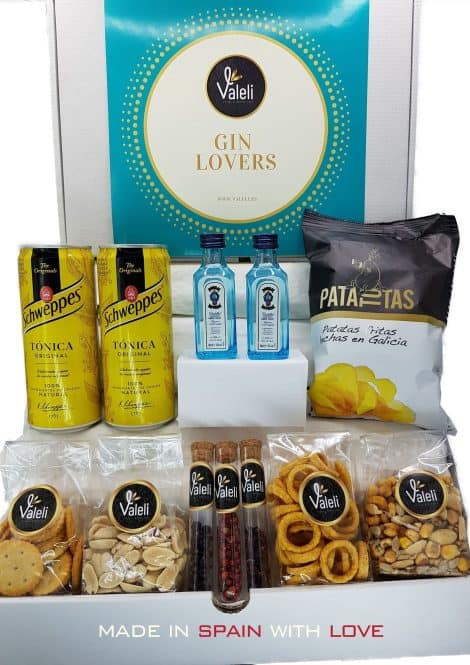 Valeli, Cesta Gourmet de Regalo: 2 Gin Bombay Sapphire 5cl, set de botánicos para gin, 2 tónicas 33cl, y aperitivo de frutos secos y snacks. Perfecto regalo para él, ella y ocasiones especiales.