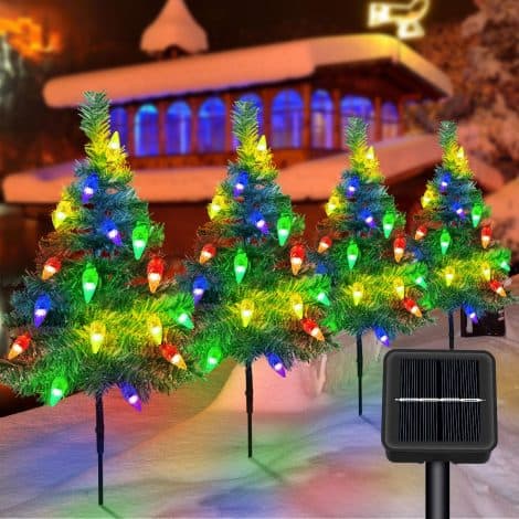 Árbol de Navidad solar con luces, conjunto de 4 piezas, 80 LED decorativos, ideal para jardín y patio en Navidad.