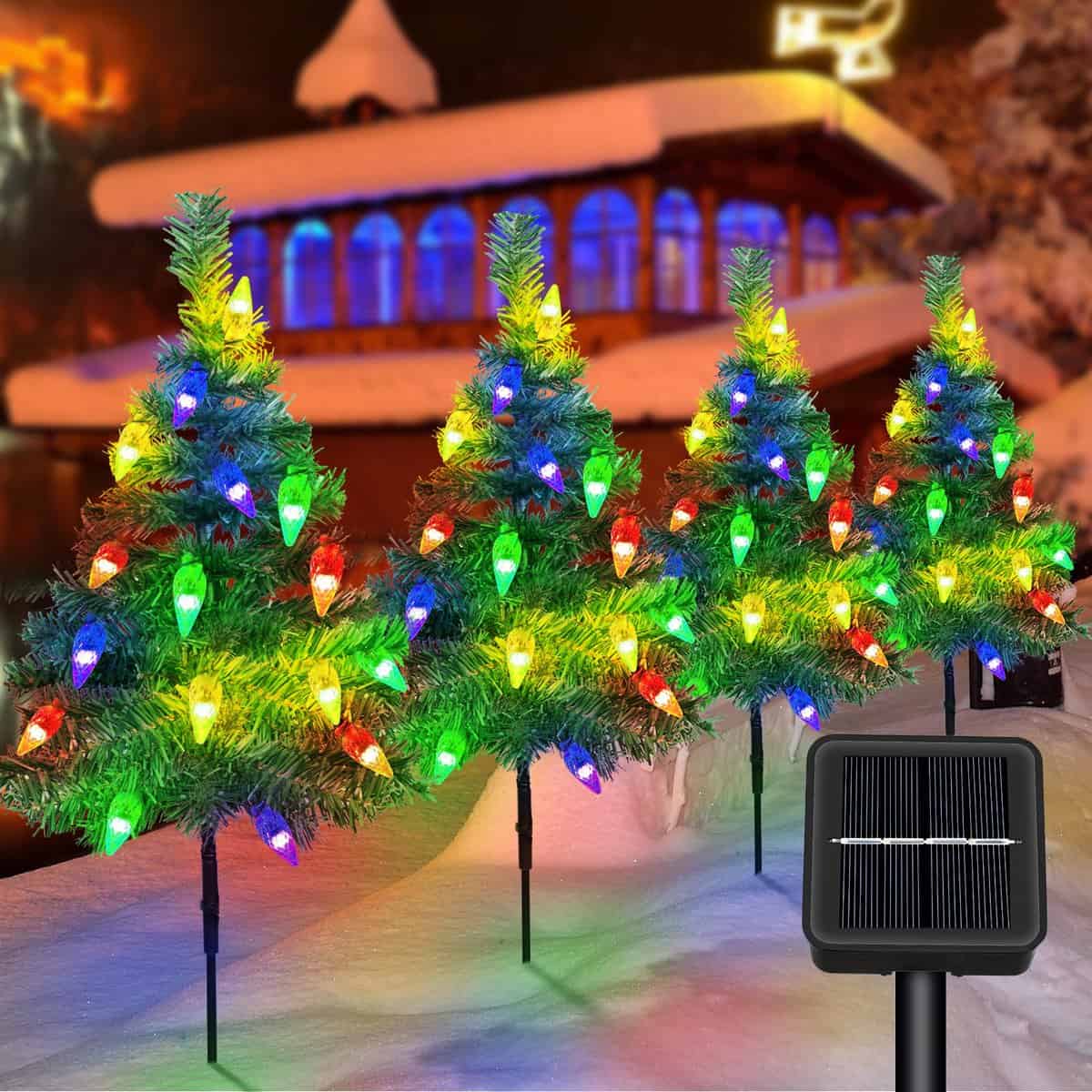 Ninonly Árbol de Navidad con Luces Solar, 4 Piezas Decoracion Navidad con 80 LED Guirnalda Luces de Fresa, Luces Solares Exteriores de Navidad, Jardín Decoración para Navidad Patio