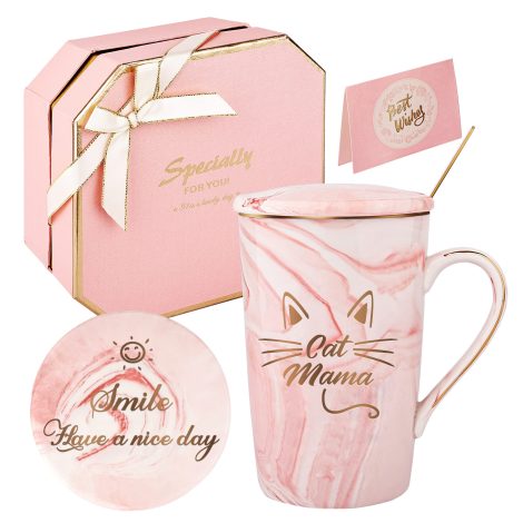 Taza de Gato Mamá de Novedad, Regalo para los Amantes de Gatos, 420ML con Caja de Regalo (rosa-mamá gata).