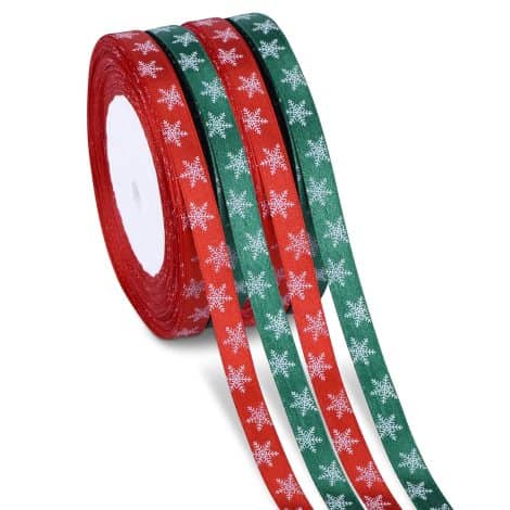 100m 4 Rollos de Cintas de Satén con Copo de Nieve para Decorar en Navidad, Envolver Regalos y el Árbol (Rojo, Verde).