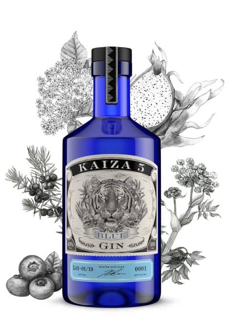 Ginebra Azul KAIZA 5 – 0,5 l – 43% – Origen Sudáfrica/Ciudad del Cabo – Aromática, afrutada, refrescante – Con saúco, arándano y pitahaya.