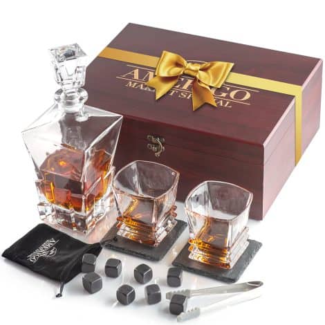 AMERIGO Set de Regalo de Whisky de Piedras de Lujo con Decantador, Vasos, Cubitos de Hielo y Posavasos.