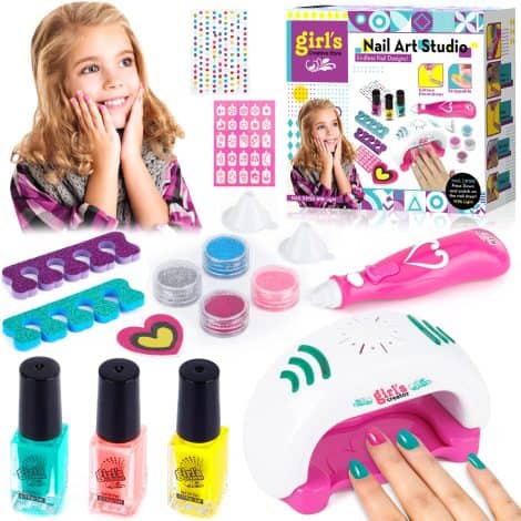 Conjunto Pintauñas Morado, Maquillaje Infantil para Uñas con Brillo y Secador, Ideal para Niñas de 5 a 10 años.