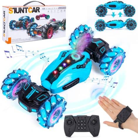 Highttoy Coche Controlado a Distancia para Niños, Coche Acrobático de 4WD con Rotación y Volteo de 360°, Control Gestual, Spray, Música y Luces. Juguetes para Niños de 6 a 10 Años. Regalo Ideal.