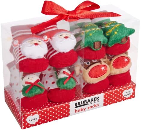 Conjunto de 4 pares de calcetines de bebé, ideal para regalo navideño con pegatinas de peluche.