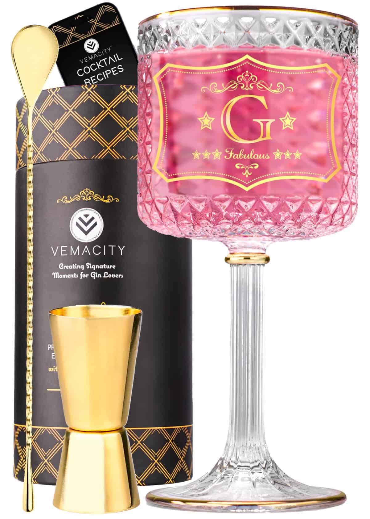 Vemacity Copa de ginebra personalizada con bordes dorados + tu elección de inicial (G) | Copas de ginebra grandes de 700 ml para mujer con cuchara de cóctel dorada y medidor | PDF de recetas | Copa de