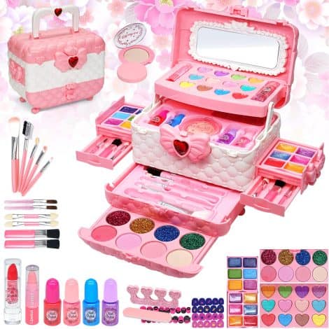 Kit de maquillaje infantil – 57 piezas de maquillaje lavable para niñas, juego no tóxico, regalo de princesa para niñas, ideal para 4, 5, 6, 7 y 8+ años (color rosa).