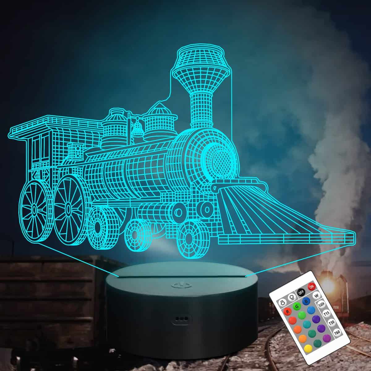 Tren 3D Regalos Lámpara, Attivolife Espejismo Holograma Noche Luz con Temporizador Control remoto 16 colores,Niños Habitación Decoración Navidad Regalo por Tren Modelo Coleccionista Niña Chico Hombres