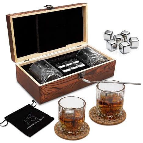 Pack de Whisky para Hombres: Vasos de Whisky, Cubitos de Hielo de Acero Inoxidable, Posavasos, Cuchara mezcladora y Bolsa de Terciopelo.