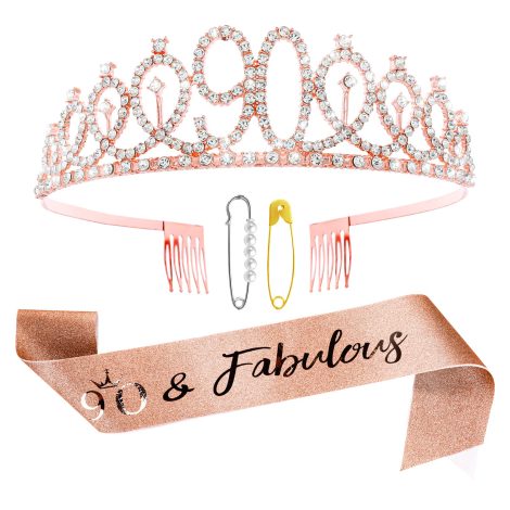 Kit de faja y diadema de oro rosa para celebrar los 90 años de forma fabulosa, perfecto para regalar a mujeres en su cumpleaños y decorar fiestas alegres.