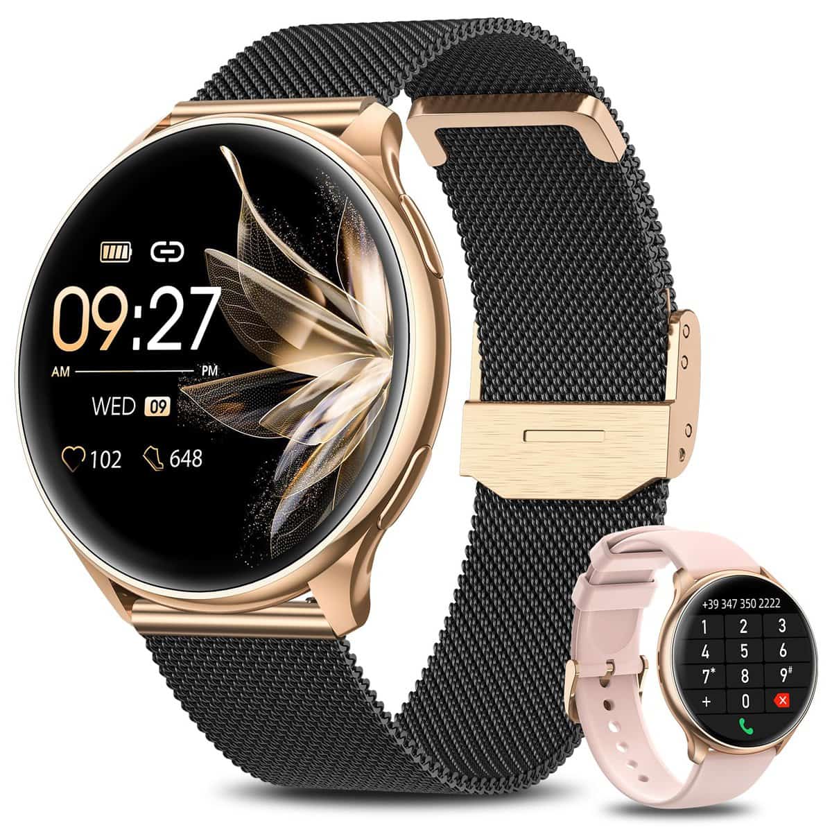 BANLVS Reloj Inteligente Mujer con Llamada Bluetooth 5.2, Smartwatch Mujer IP68 con 120+ Modos Deportes, Función Femenina, Pulsómetro Caloría SpO2 y Sueño, Smartwatch para Android iOS, Negro Oro