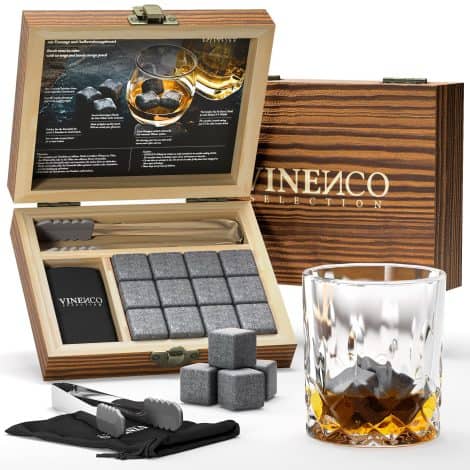 Set de cubitos de hielo reutilizables – Cubos enfriadores de acero y basalto | Piedras para whisky, cócteles y accesorios de mini bar – Idea de regalo para padre, mujer, hombre, cumpleaños.