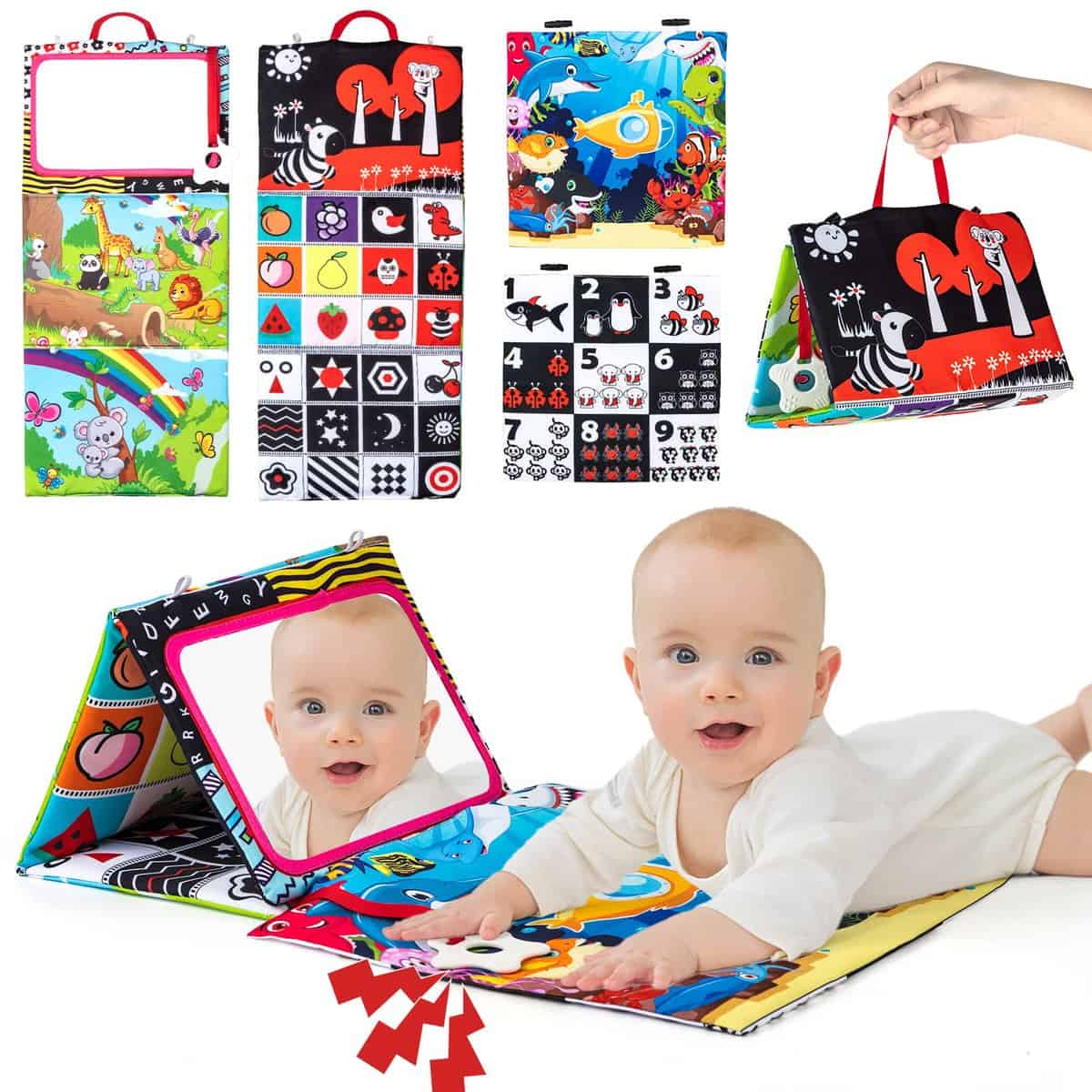 Auney Espejo Bebe Montessori 0 a 6-18 Meses con Libro Interactivo Blanco y Negro,Juguetes Sensoriales Bebe con Mordedor y Patrón de Contraste Juguetes Educativo Regalo para Recien Nacido 0-18 Meses