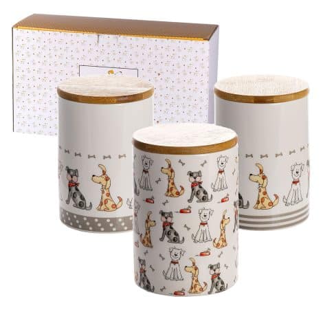 Empresa de Regalos Spotted Dog: Juego de 3 Tarros de Cerámica para Cocina, con Tapas Herméticas. Regalo Decorativo para Amantes de Perros. 1,2L cada uno.