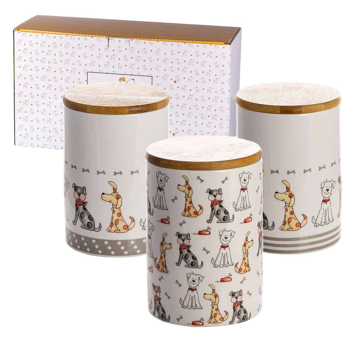 SPOTTED DOG GIFT COMPANY Tarros de Almacenamiento de Ceramica, Juego de 3 Botes Cocina Almacenaje con Hermético Tapa, Regalos Decorativos Originales para Amantes de Perros, 1,2L cada uno