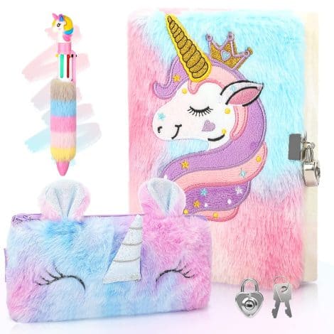 Agenda secreta de unicornio de peluche para niñas, con llave y candado, libreta A5 con bolígrafo, estuche de lápices, regalo escolar.