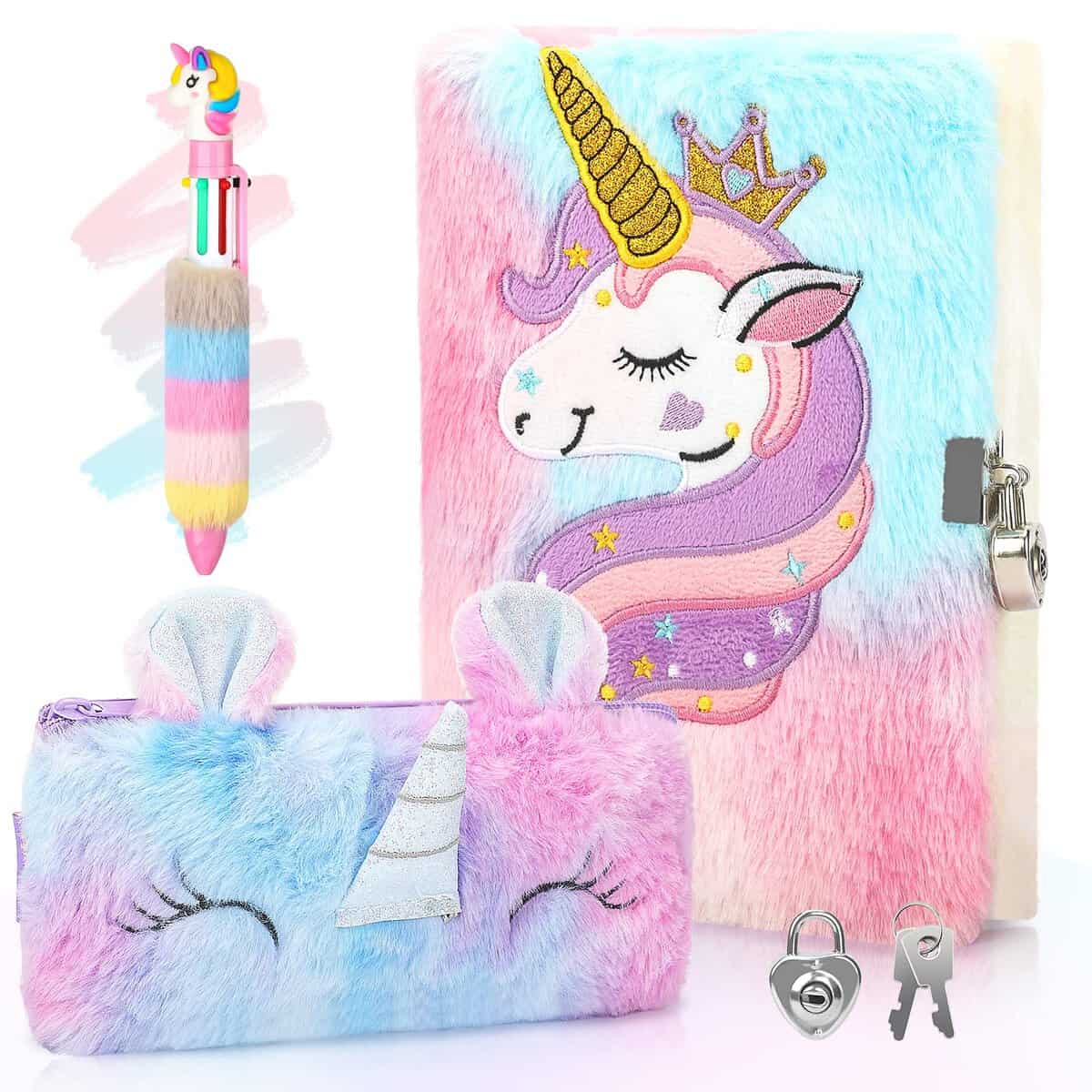 Anyfirst Diario Secreto Niña de Unicornio de Felpa, Cuaderno A5 con Llave y Candado para Niños, Libreta con Bolígrafo Multicolor, Estuche para Lápices, Regalo de Unicornio Escolar, De Color