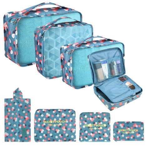 Coolzon Organizador de Equipaje, Set de Viaje 8 en 1 Impermeable para Ropa, Cosméticos, etc.