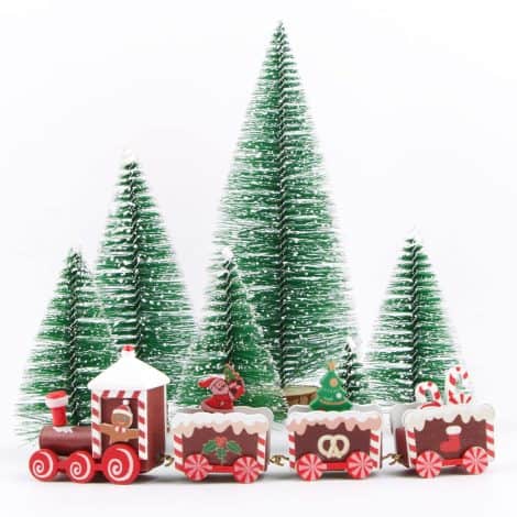 Tren de Navidad de Madera + 6 Mini Árboles y Adornos para Decoración Navideña (Rojo). ¡Ideal para mesa, chimenea y estante!