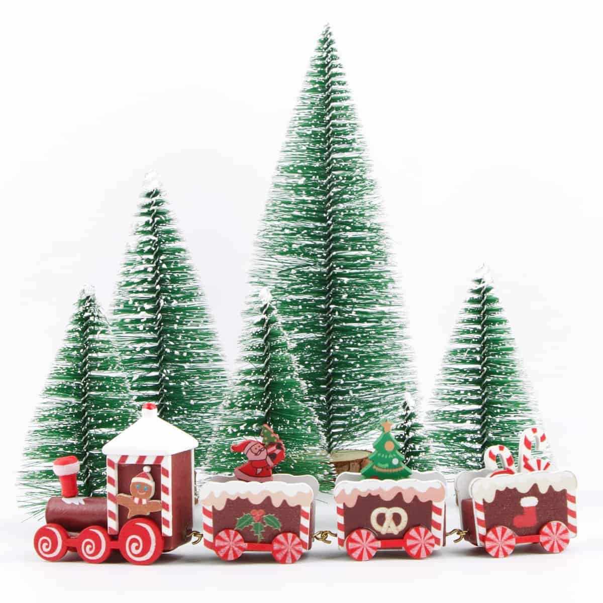 Tren Navidad Madera + 6pcs Mini Árbol de Navidad Adornos Pequeños para Decoración Navidad Mesa Chimenea Estante (Rojo)