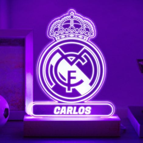 Lámpara de Regalo Transparente Personalizada de Equipos de Fútbol. Ideas Originales para Cumpleaños Infantiles. Regalos para Hombres, Día del Padre. Diseño Escudo del Real Madrid en Metacrilato y Madera.