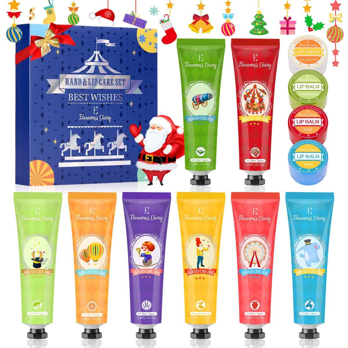 Set de Crema de Manos, Caja de Regalo Navidad, Eleanore's Diary Set de Regalo de 8 PCS Crema de Manos y 4 PCS Bálsamo labial, Hand Cream Nutritiva con Vitamina C y E, Regalos Navidad para Mujeres