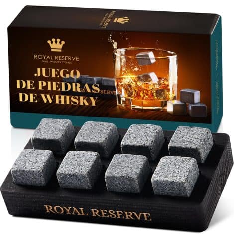 Conjunto de regalo Piedras Whisky – Granito natural en bandeja de madera negra, regalos únicos para él.