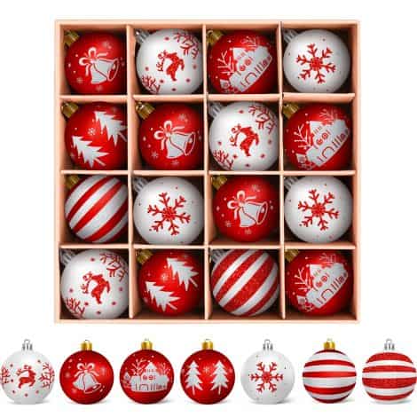 Bolas de Navidad de plástico Arbolisse, blanco y rojo, 16 unidades, con 7 modelos diferentes.