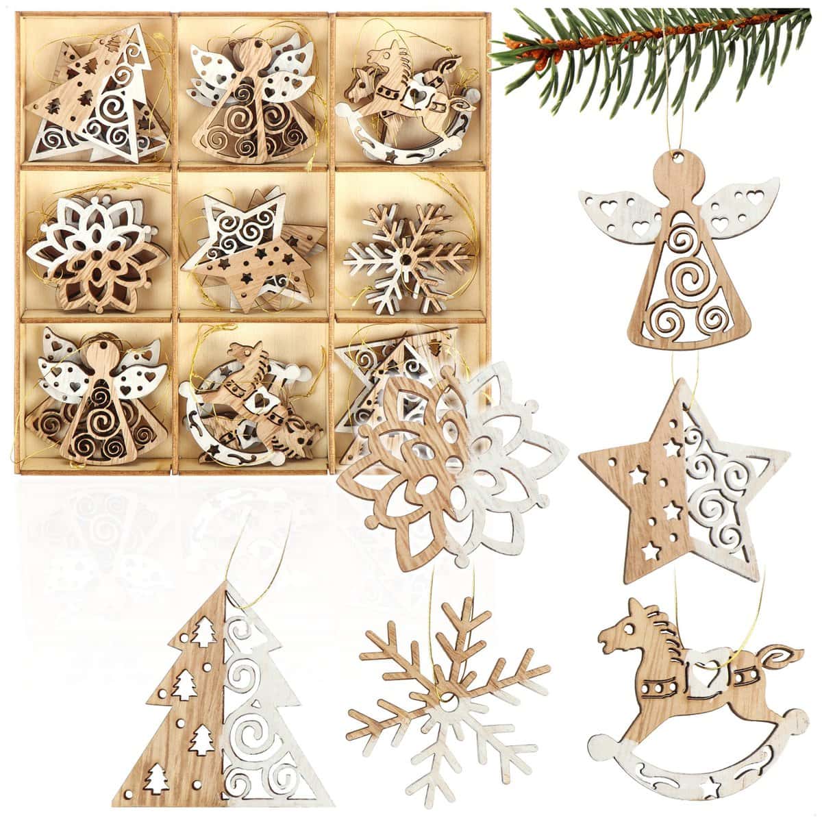 COM-FOUR® Set de Colgantes de Madera para la decoración del árbol de Navidad de 27 Piezas - Adornos para la decoración del árbol de Navidad (X Más 1)