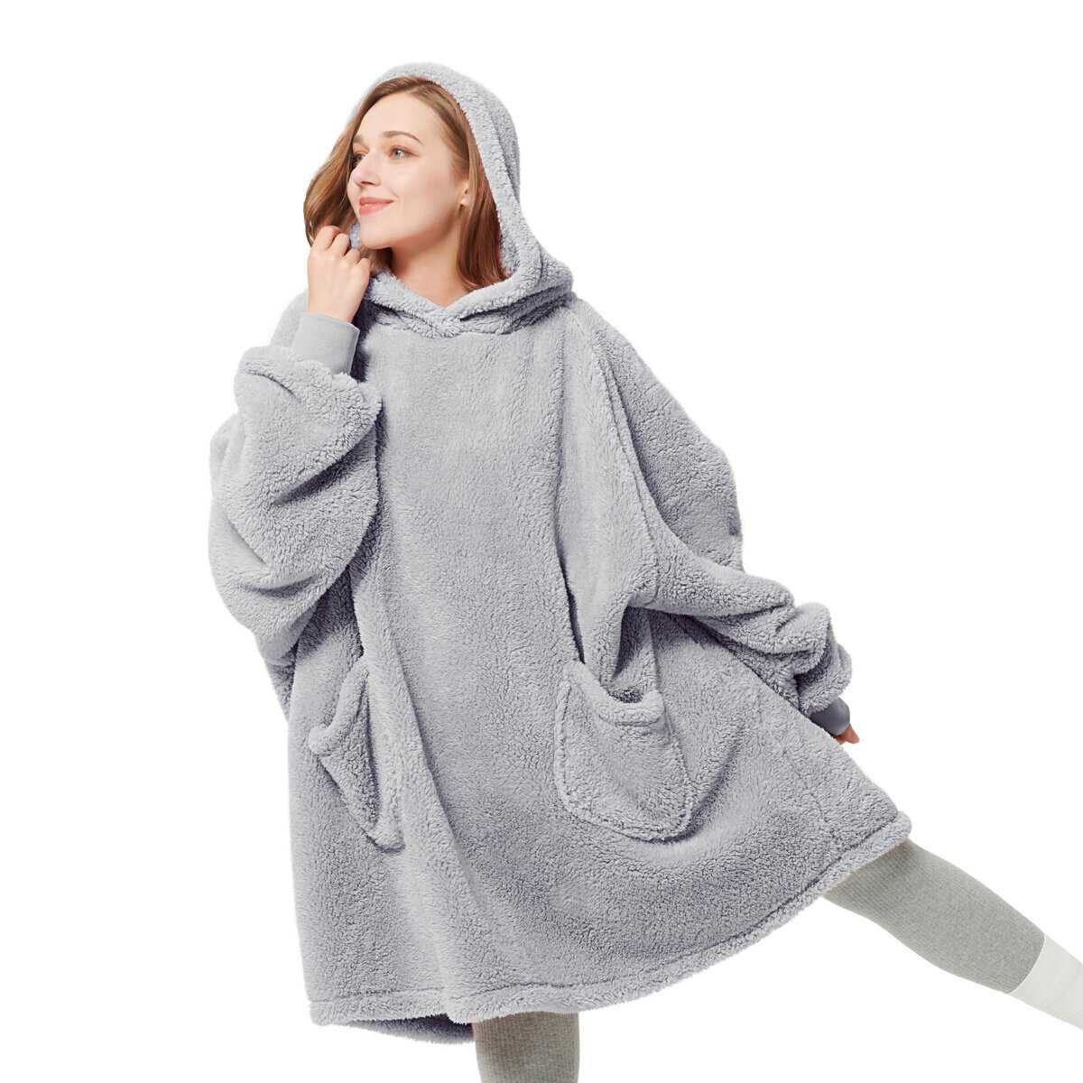 Bedsure Batamanta Mujer Polar Invierno - Bata Manta Hombre con Mangas, Sudadera Manta con Capucha, Blanket Hoodie de Tejido Felpa Suave con Bolsillo Frontal, Manta Bata Gigante Gris, 95x85