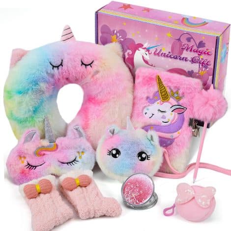 Peluche Unicornio Tacobear para niñas de 6 a 10 años con accesorios para dormir y escribir.