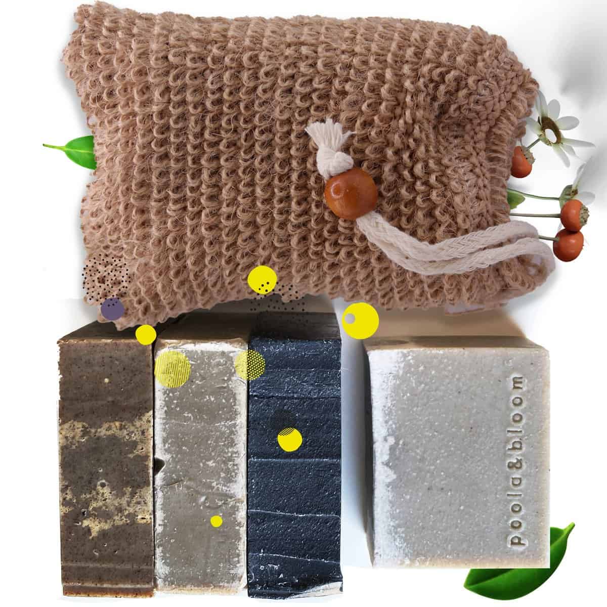 Juego de jabones orgánicos para hombres - 4 barras naturales con bolsa exfoliante de sisal, paquete de jabón herbal crudo hecho a mano, jabón natural exfoliante, jabón de baño perfumado y hidratante