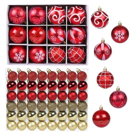 Kit de adornos navideños GWHOLE con 60 bolas colgantes en estilos dorado y rojo.