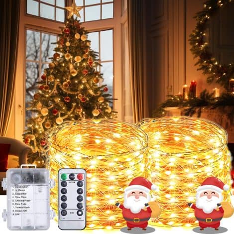 Juego de luces para exteriores RJEDL, 2x12M 200 LED Blanco Cálido, impermeable y resistente al clima, ideal para decorar Navidad en jardines y espacios interiores y exteriores.