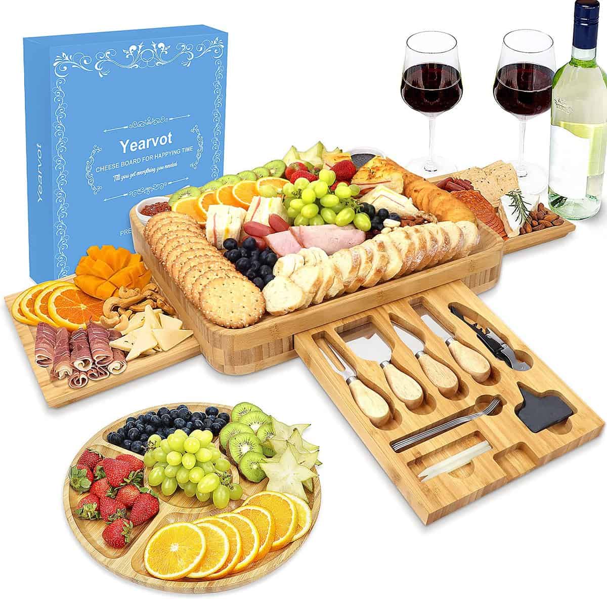 Caja Regalo de Tabla de Queso de Madera, Juego de Cuchillos de Queso y Bandeja Redonda de Fruta, Chic Caja Regalo Original para Mujer, Cumpleaños, Navidad, Boda