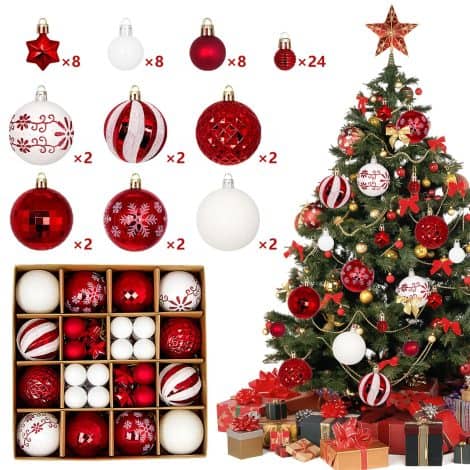 Conjunto de 60 bolas blancas y rojas con percha para decorar el árbol de Navidad.