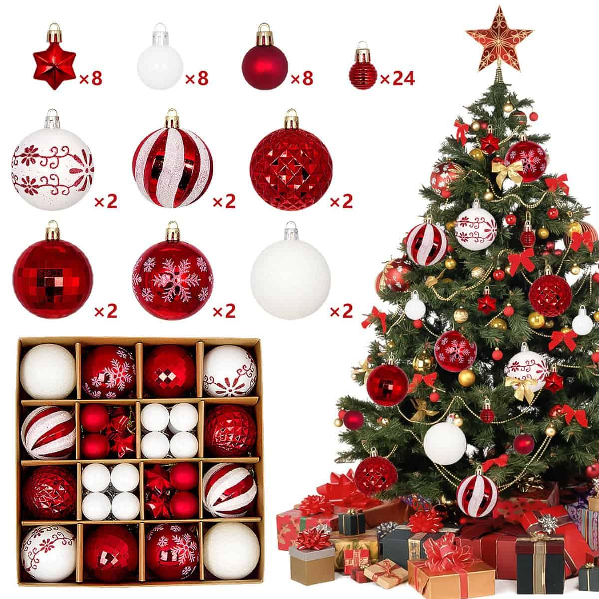 Mayfun 60 PCS Bolas de Navidad, Decoracion Arbol Navidad, Bolas para Arbol de Navidad con Percha, Christmas Gifts, Juego de Navidad de Plástico para La Decoración De Bodas De Navidad [Blanco & Rojo]