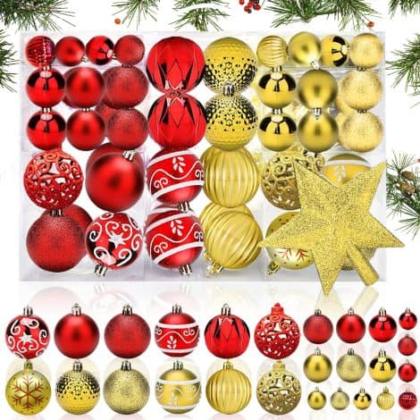 Conjunto Decorativo Navideño 101 piezas: Bolas Rojas y Doradas, Adornos Navideños Irrompibles, Árbol y Hogar.