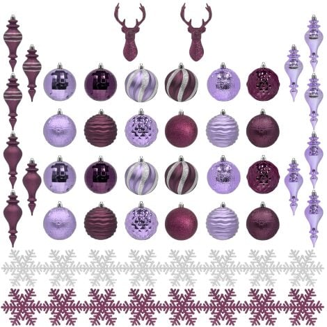 Conjunto de 54 bolas navideñas de plástico lila con diseño de lavanda. Ideal para decorar tu árbol de Navidad.