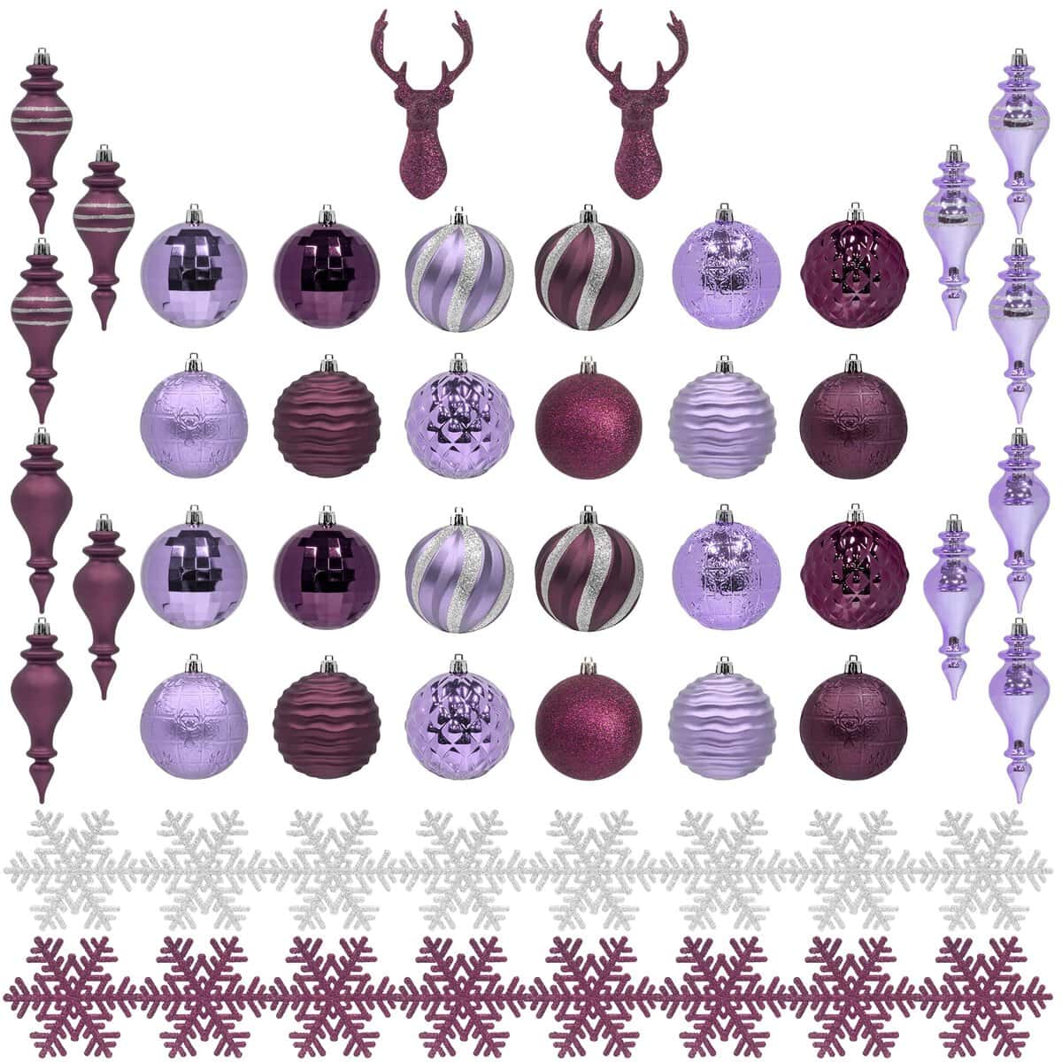 KI Store Juego de 54 bolas de Navidad de lavanda, color lila, grandes de plástico, decoración navideña, con colgador, bolas de árbol de Navidad, peonzas, conos, estrella de encaje, decoración navideña