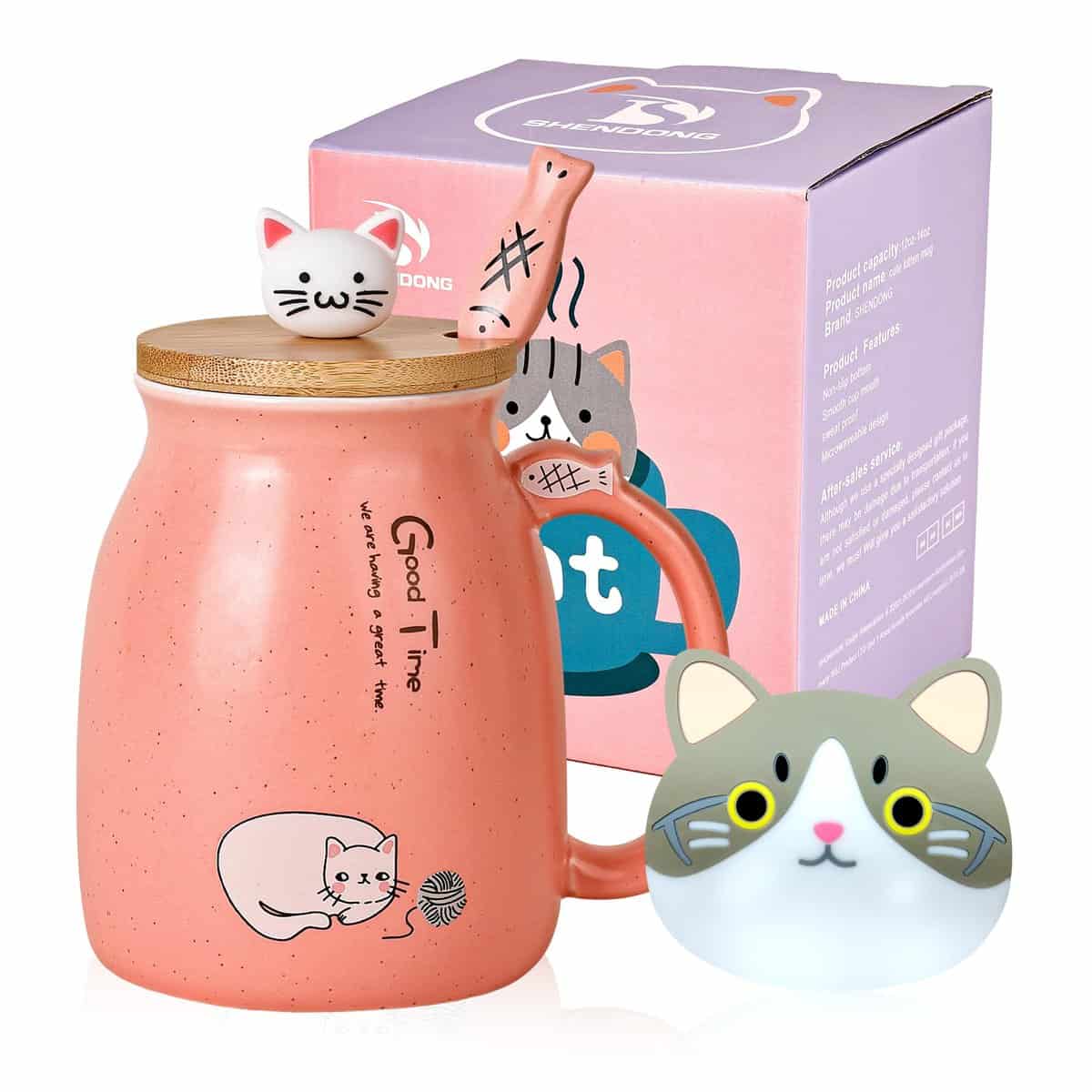 Taza Gato Linda taza de café de cerámica con Tapa y Cuchara de Madera Gato Kawaii Taza matutina novedosa Tazas de té de leche de café Tazas de gatos para amantes de los gatos Mujeres Regalos (Rosa)