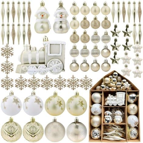 Pack de 70 bolas blancas y doradas para decoración navideña, ideal para el árbol de Navidad.