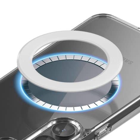 Placa M-Ring blanca, adhesivo magnético para iPhone y Galaxy, con compatibilidad para accesorios y carga inalámbrica.