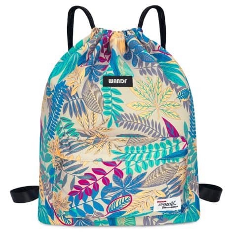 Mochila deportiva con cordón de la marca WANDF para mujeres y hombres, estampado de hojas grises.