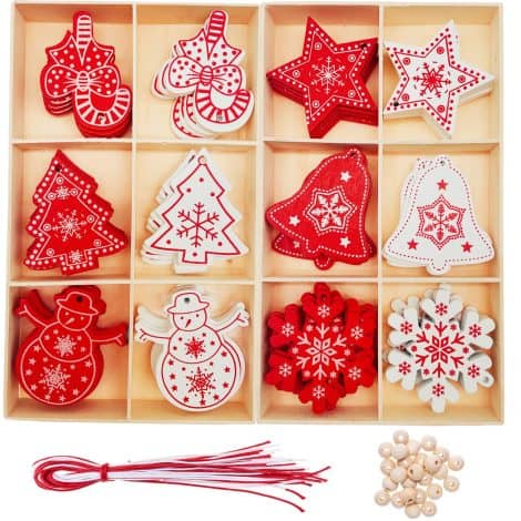 Juego de 60 adornos navideños de madera TLOXO para árboles con cinta: decoración y etiqueta de regalo.