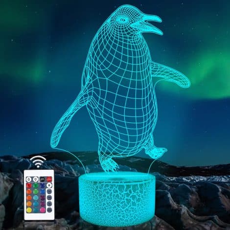 Lámpara Pingüino 3D para niños, con 16 colores cambiantes, control remoto y diferentes modos intermitentes. Ideal para decorar habitaciones infantiles y hacer regalos de cumpleaños para niños y niñas.