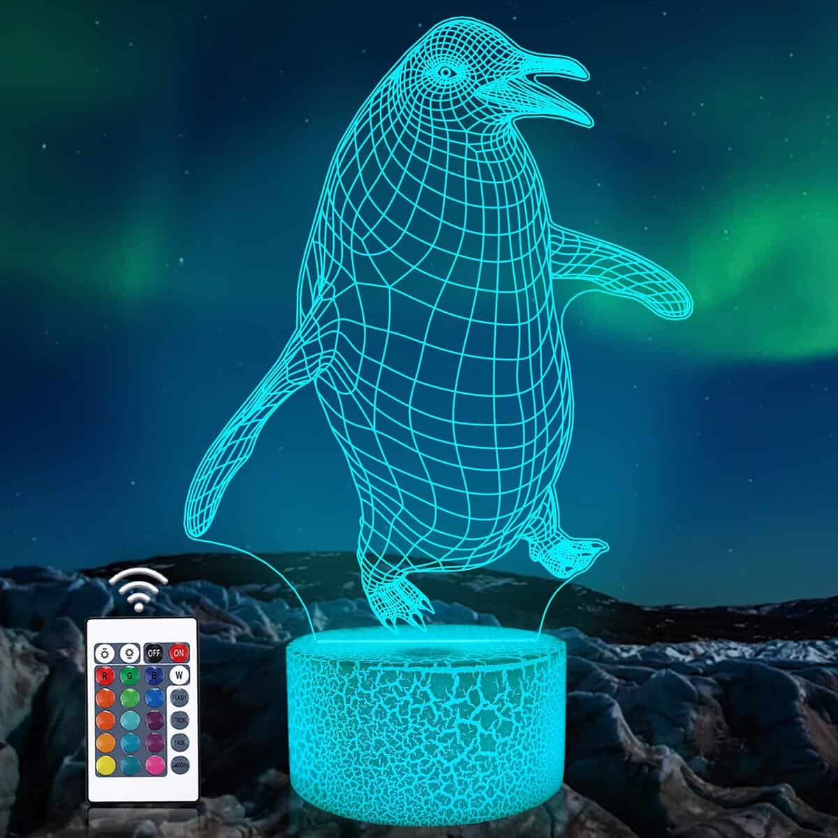 Pingüino 3D Lámpara por Niños, Attivolife 16 colore cambiantes Espejismo Animal Luz de noche con Control remoto Oscuro 4 modo intermitente, Niño Habitación Decoración Cumpleaños Regalos por Chico Niña