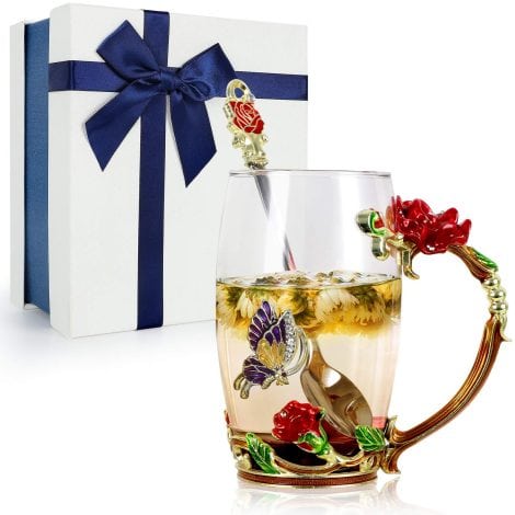 Taza de té de flores STRMZD, sin plomo, de vidrio con cuchara de acero. Regalo personalizado para mujeres en Navidad, San Valentín o cualquier ocasión especial.